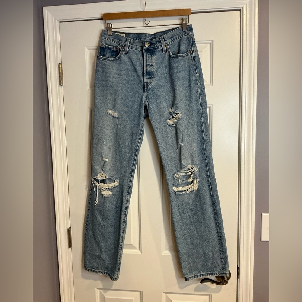 Levi's Original Fit 501 Straight Leg Distress Blue Denim Jeans 28W/32L